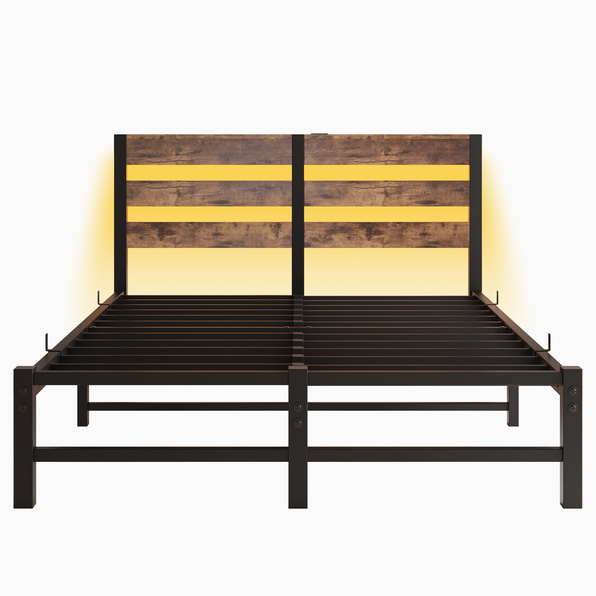 Rustic wood and yellow LED headboard on a black metal bed frame
