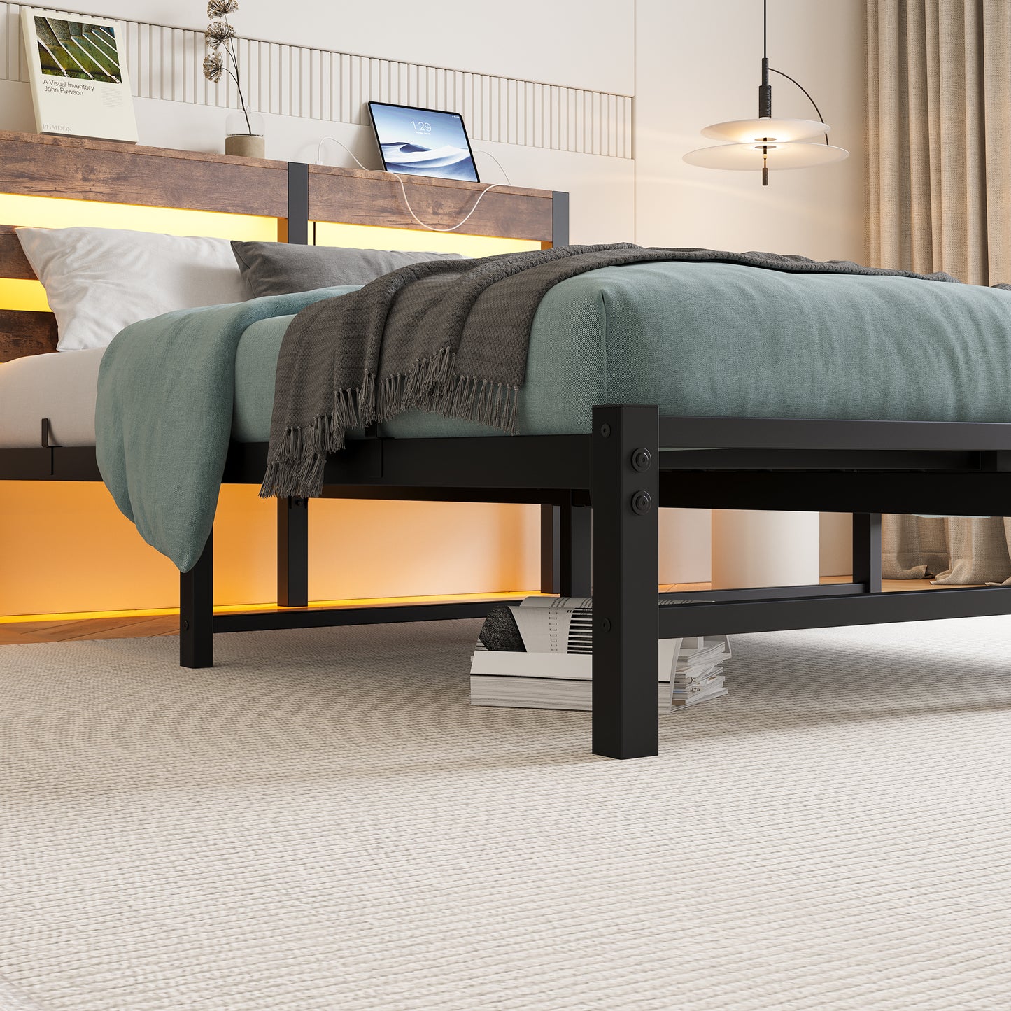 Rustic wood and black metal bed frame with builtin LED lighting