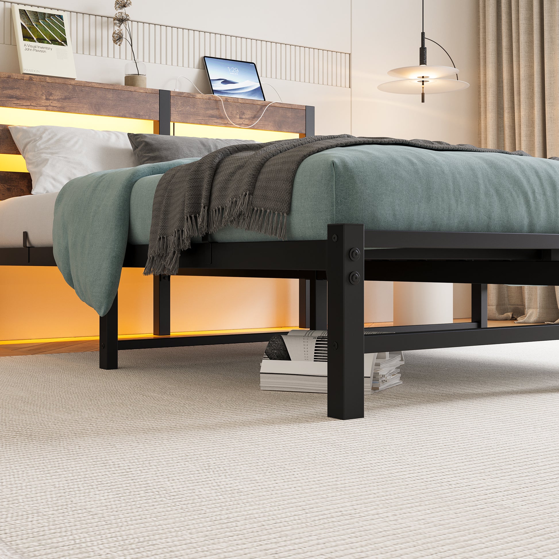 Rustic wood and black metal bed frame with builtin LED lighting