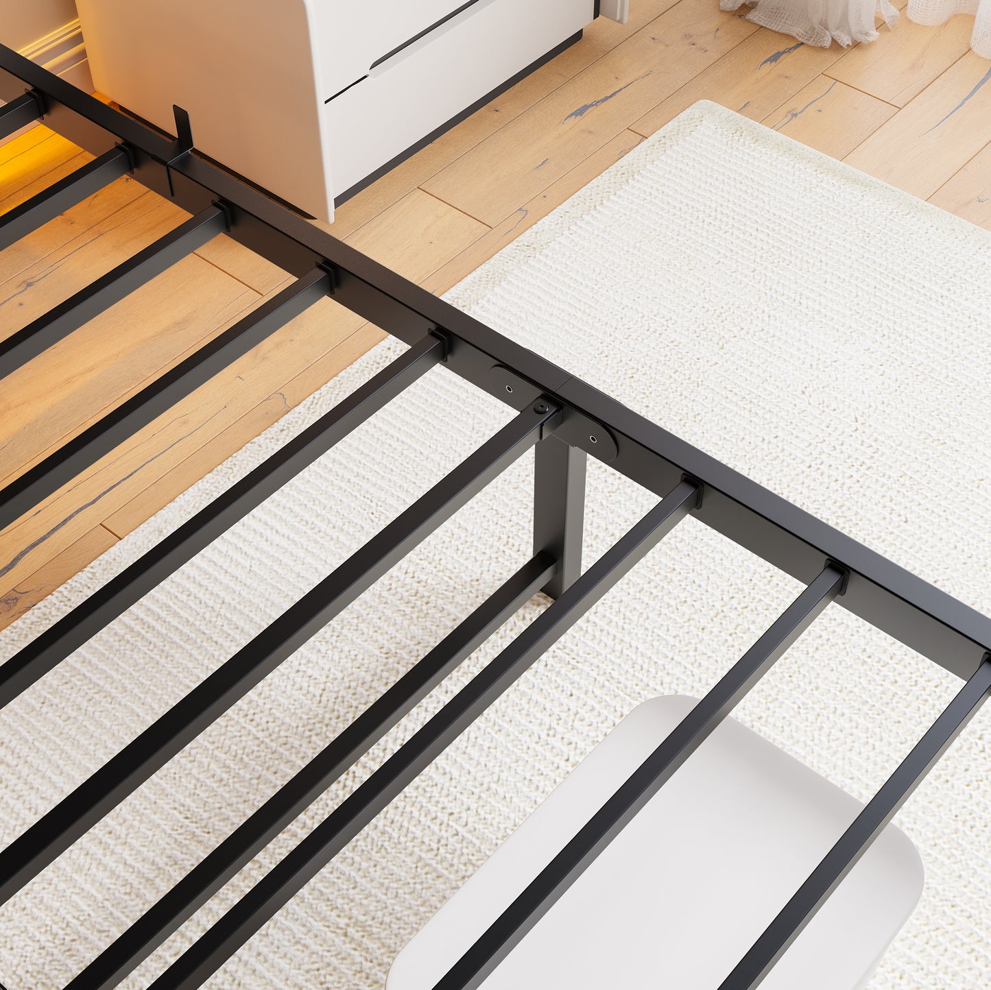Black metal bed frame with sturdy slats offering modern minimalist support