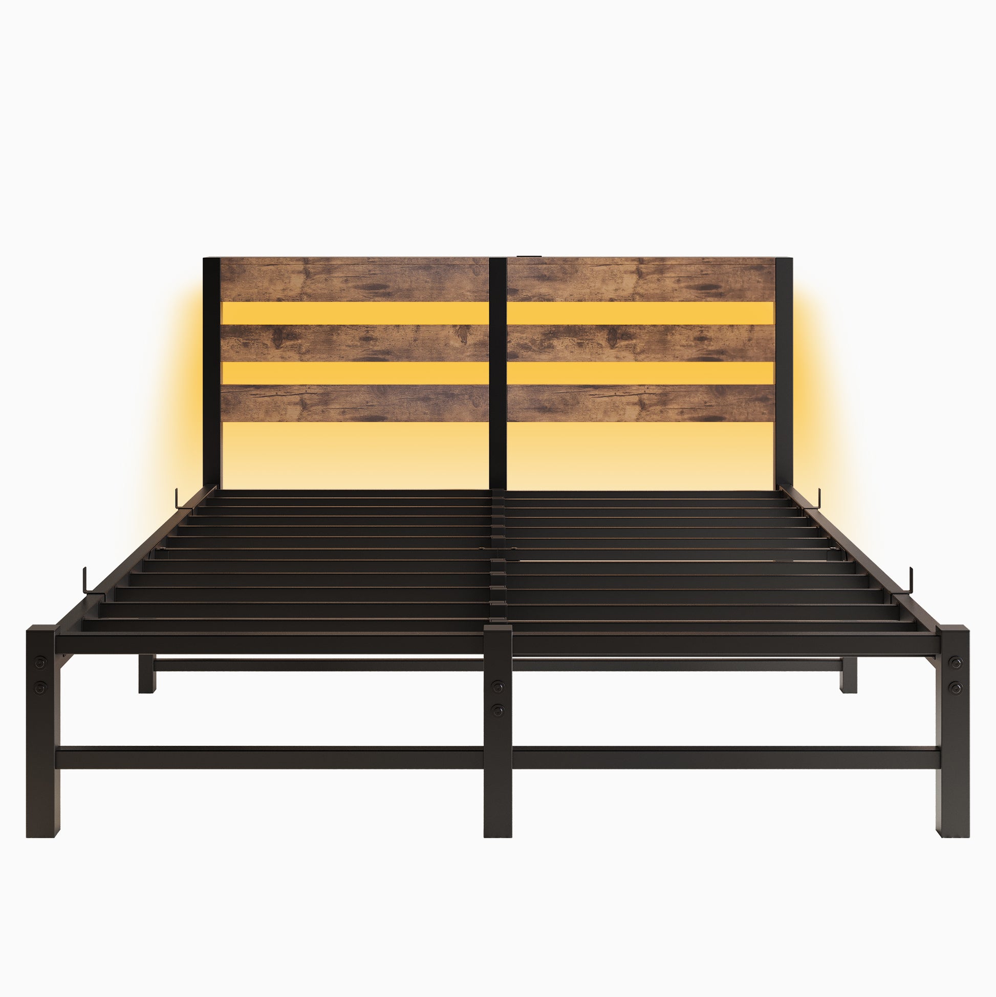 Rustic wood headboard bed frame with yellow LED lighting