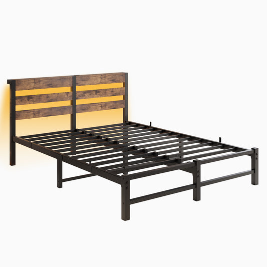 Rustic wood and metal platform bed frame with integrated LED headboard lights