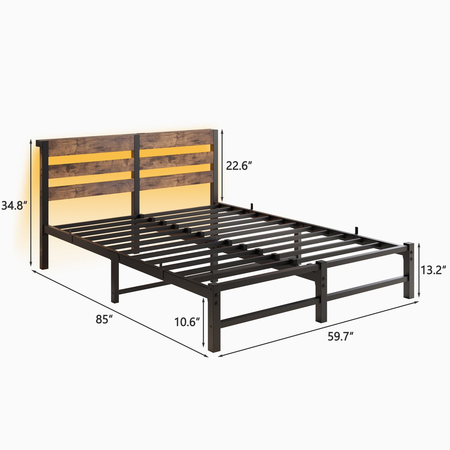 Rustic brown wood and black metal platform bed frame with headboard