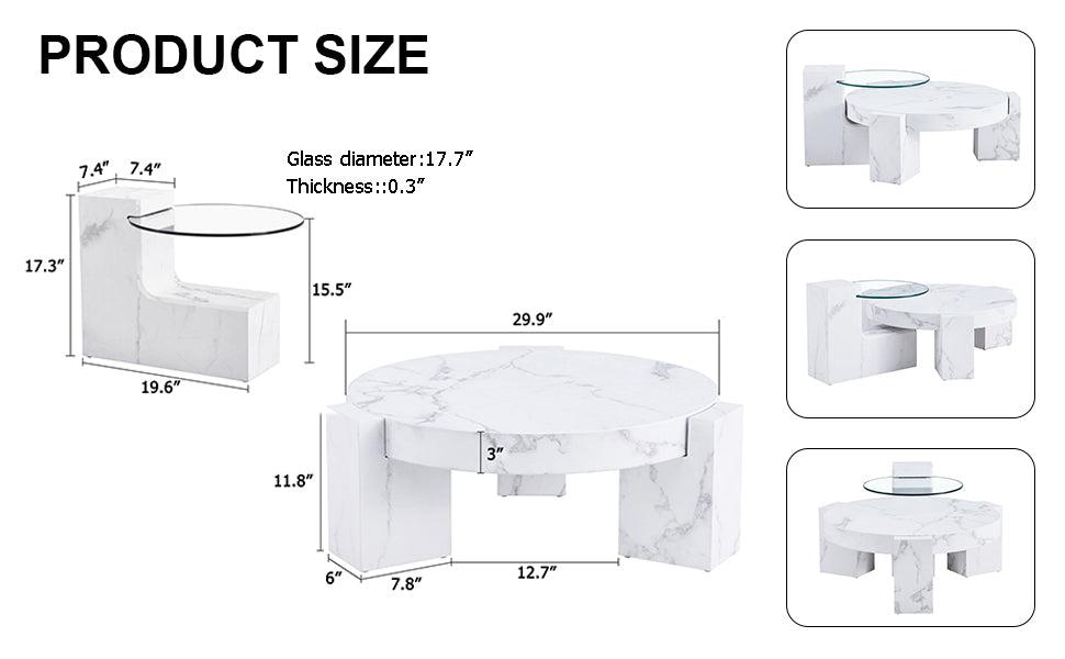 Marble coffee table with stacked geometric design and glass accent