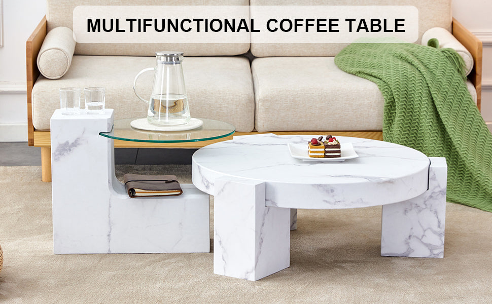 Round white marble coffee table with modern design and faux marble side table