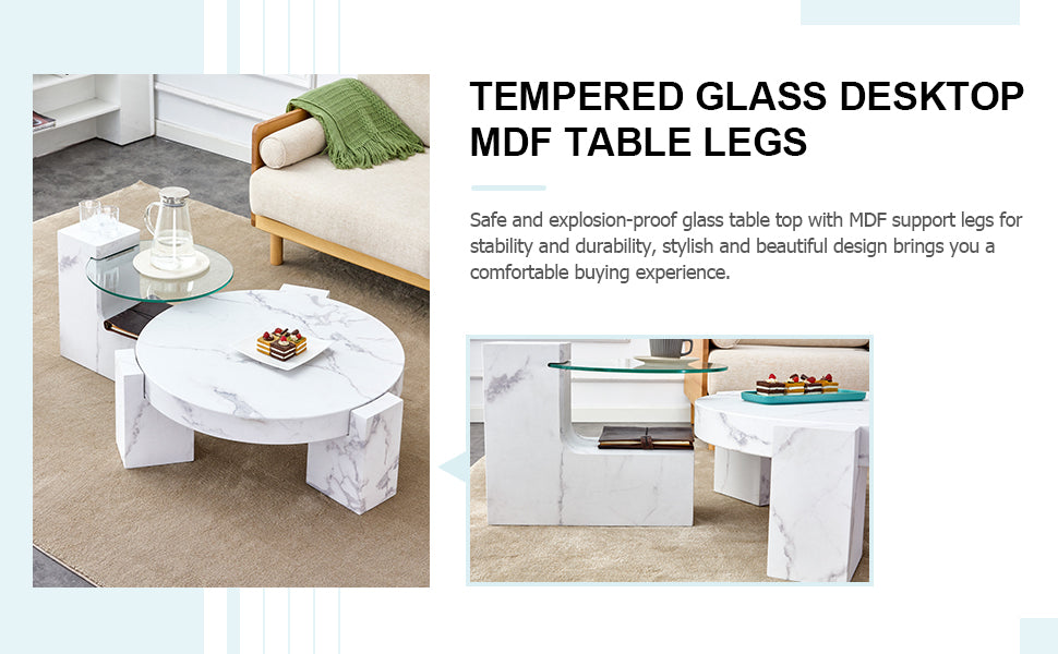 Round white marble coffee table with MDF legs and dessert