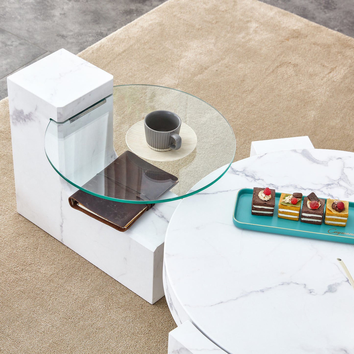 White marble coffee table set with glass accent