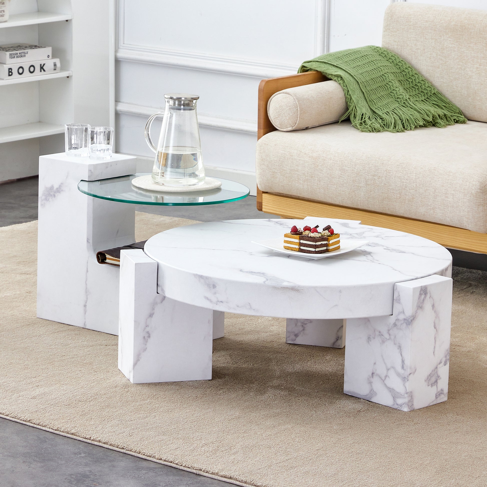 White marble coffee table with cake