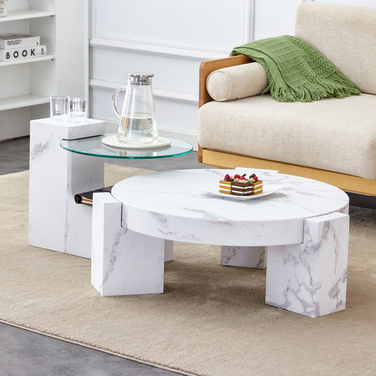 White marble coffee table with cake