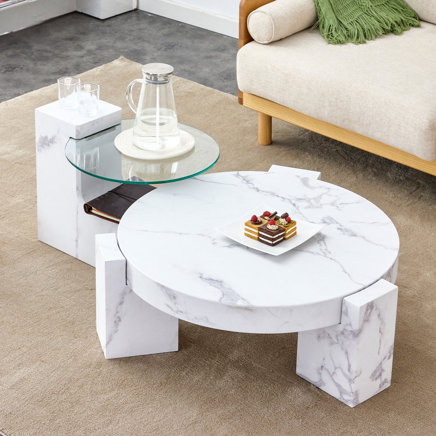 White marble round coffee table with dessert on top