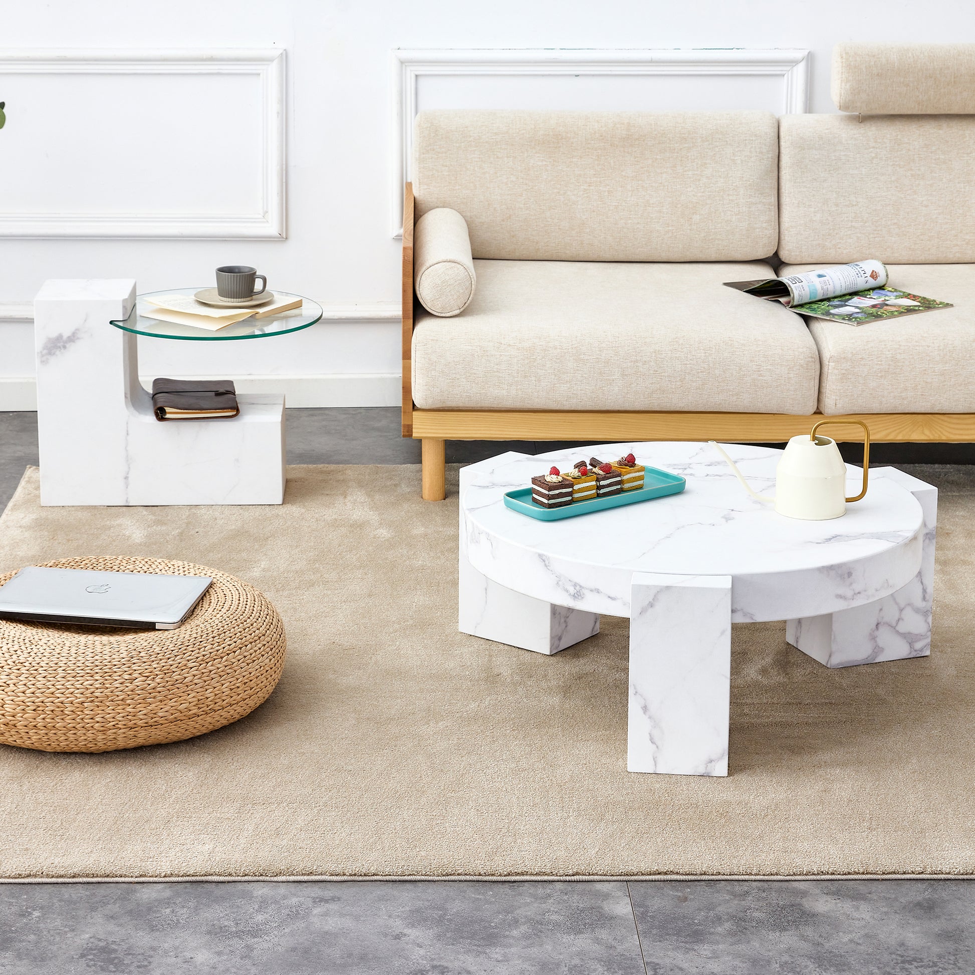 Modern white marble coffee table with hexagonal design