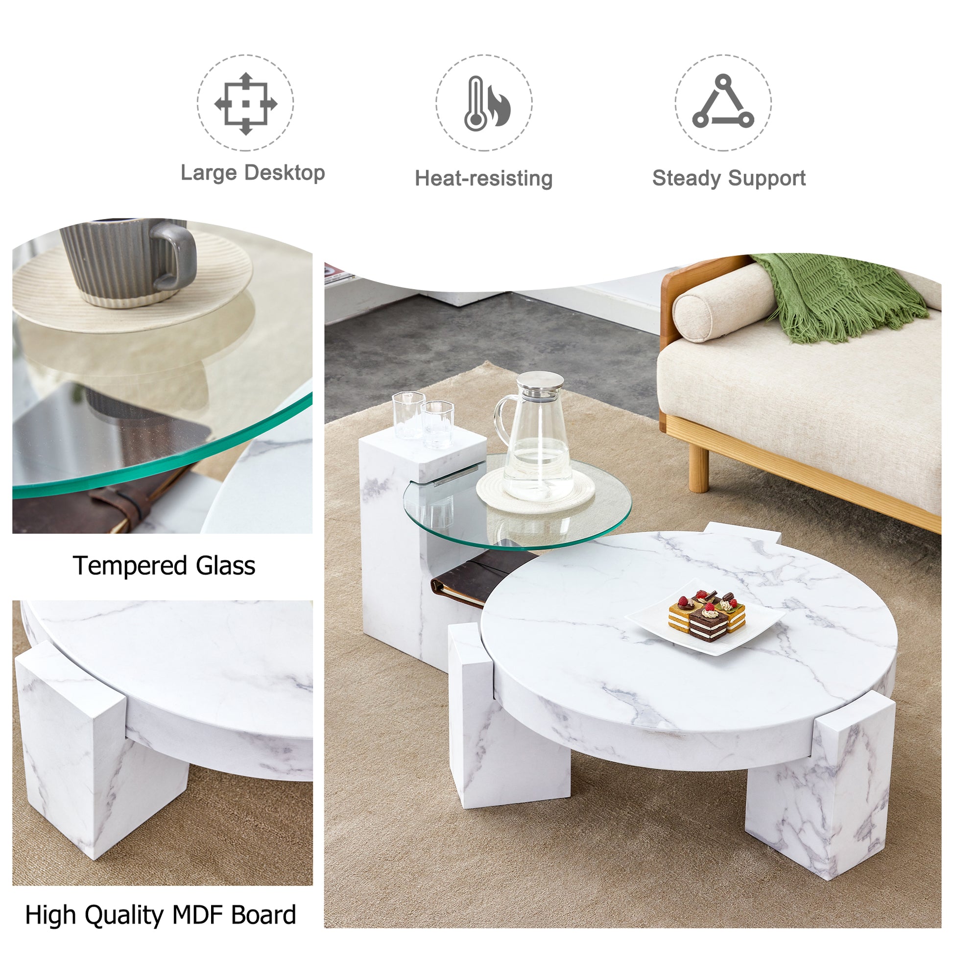 Round marble coffee table with cake