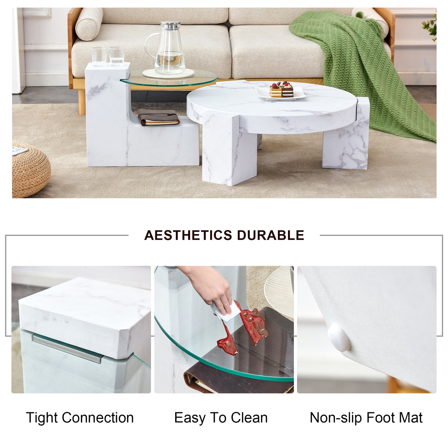 Modern white marble nesting coffee table with glass top