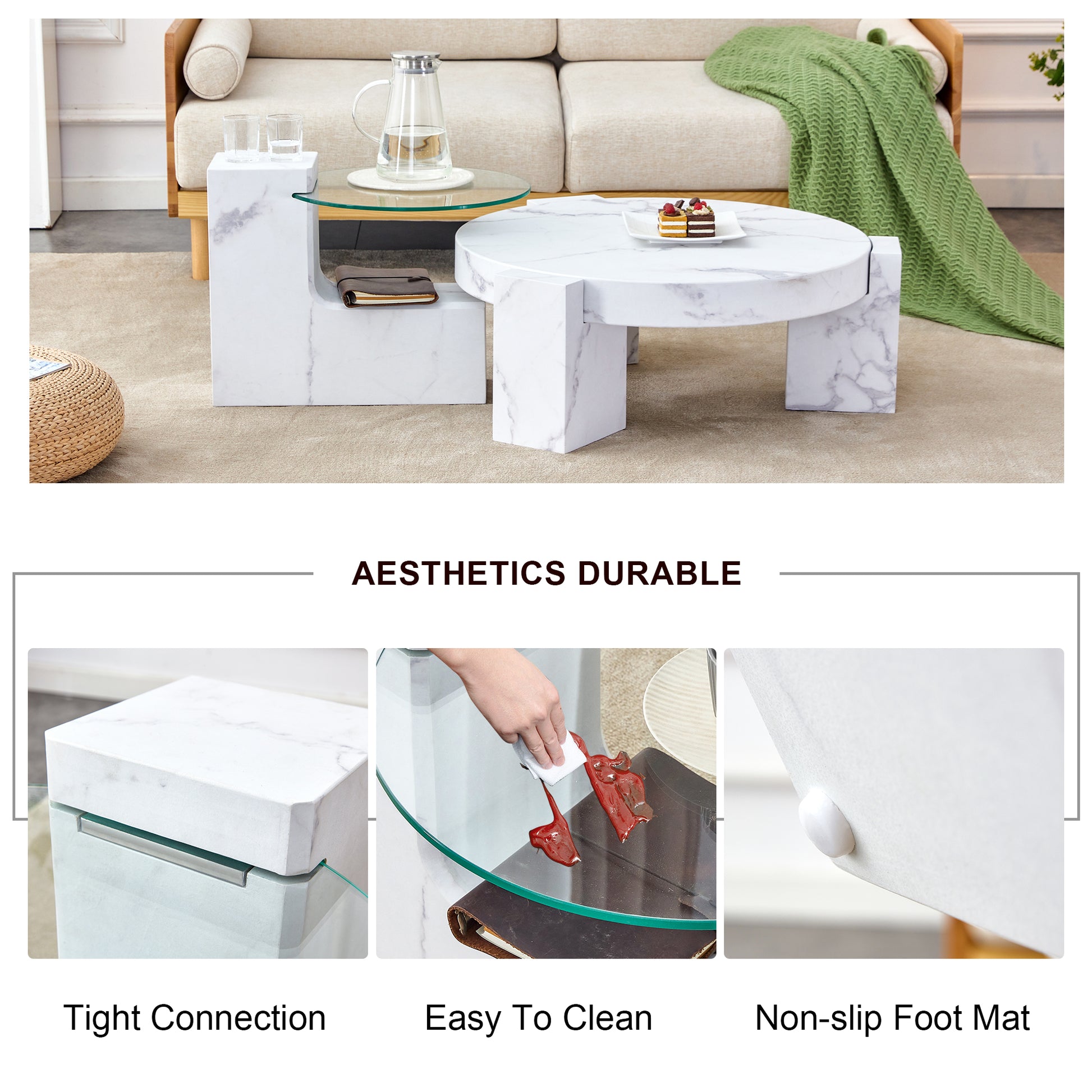 Modern white marble nesting coffee table with glass top