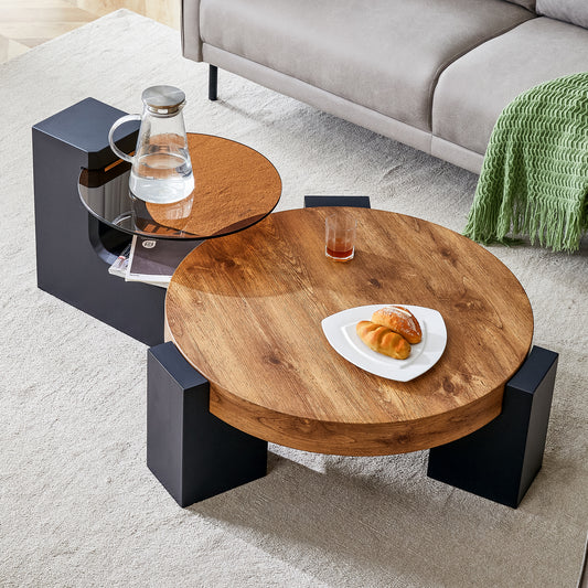 Round wood coffee table with modern black legs and side accent