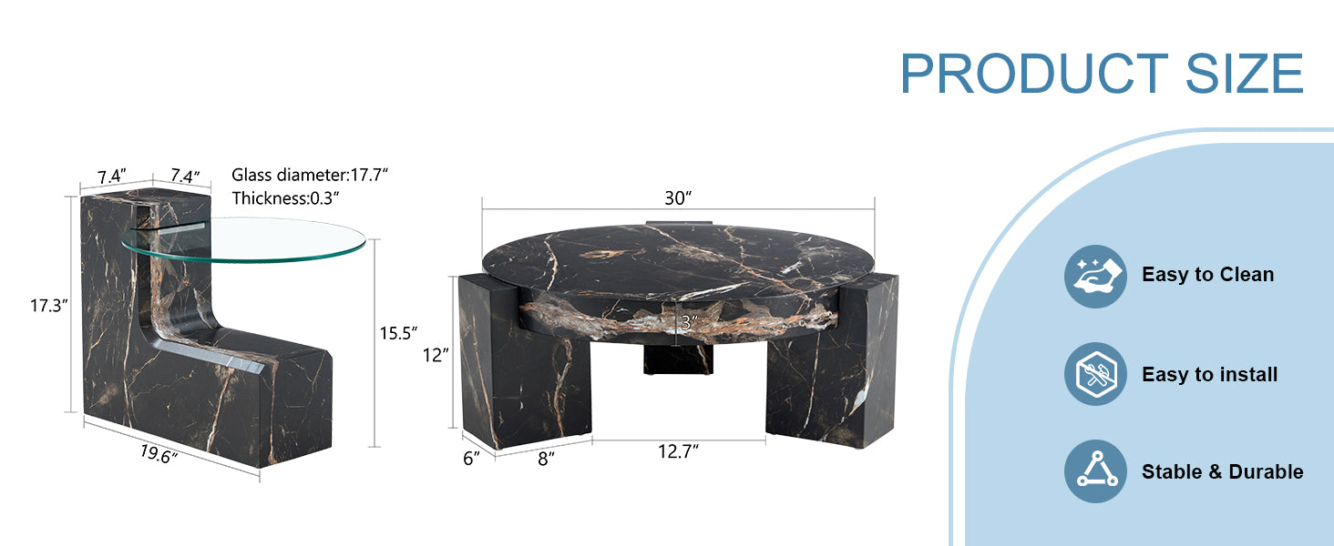 Modern black marble side table with a glass top
