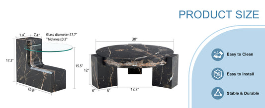 Modern black marble side table with a glass top