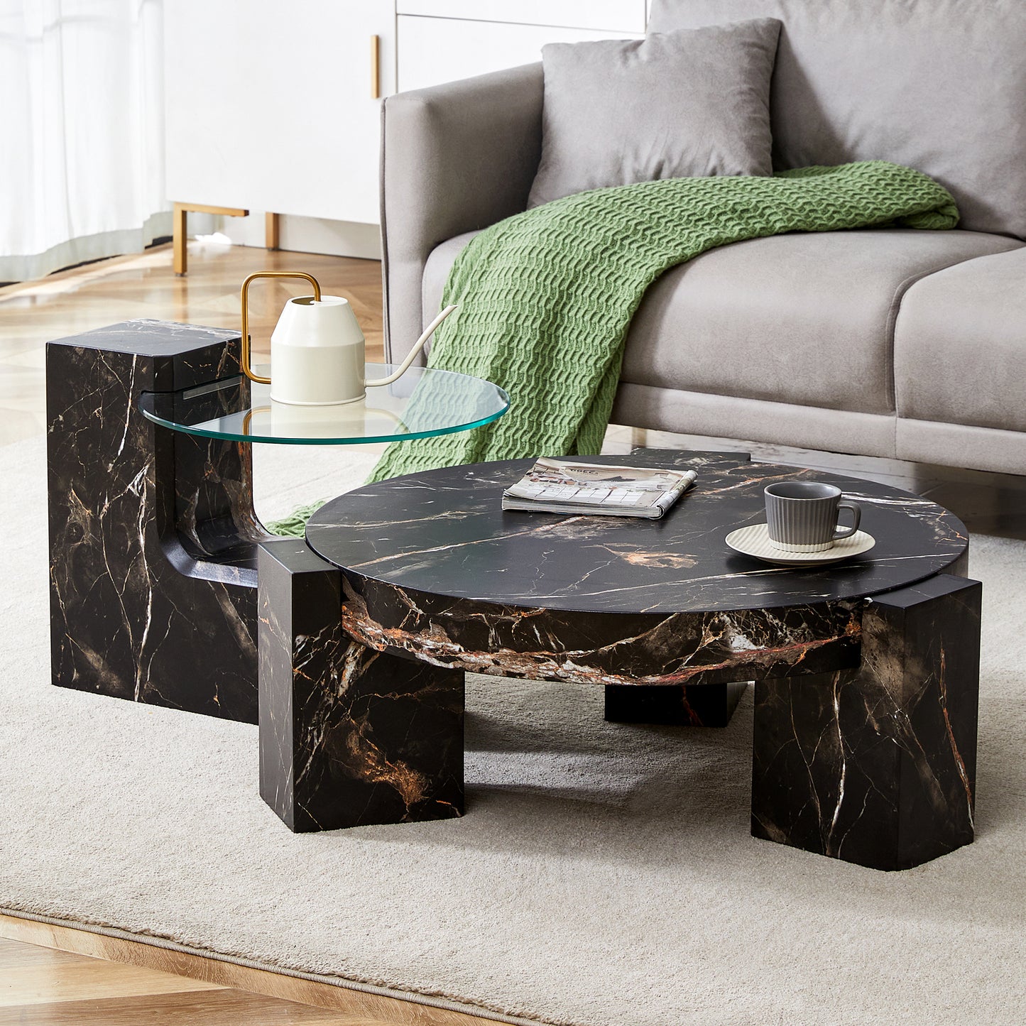 Modern black marble coffee table with gold veining and glass inlay