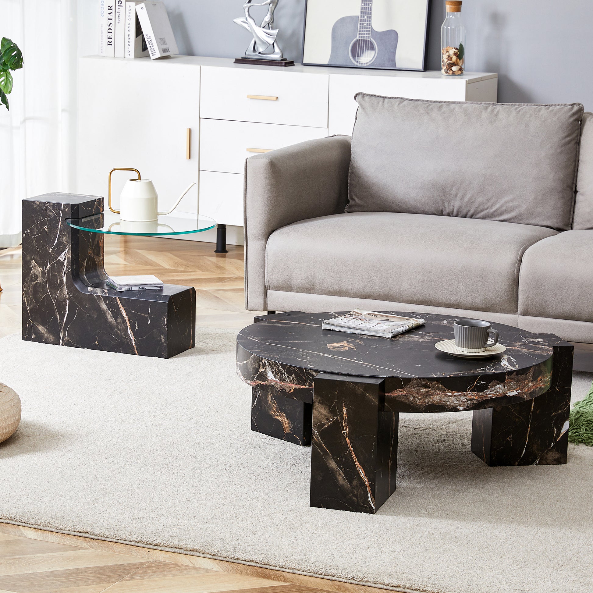Black marble coffee table with gold veining