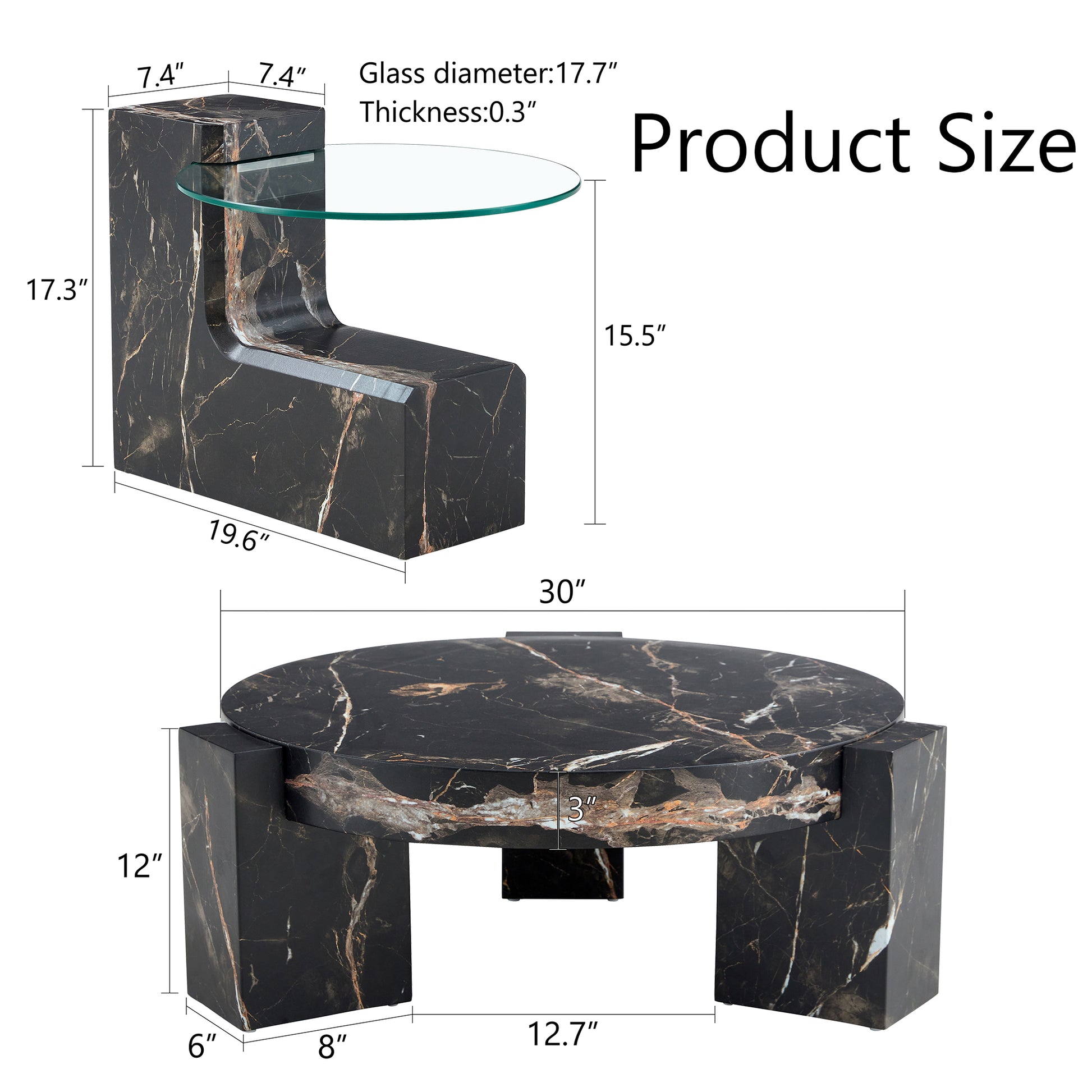 Black marble side table with glass top