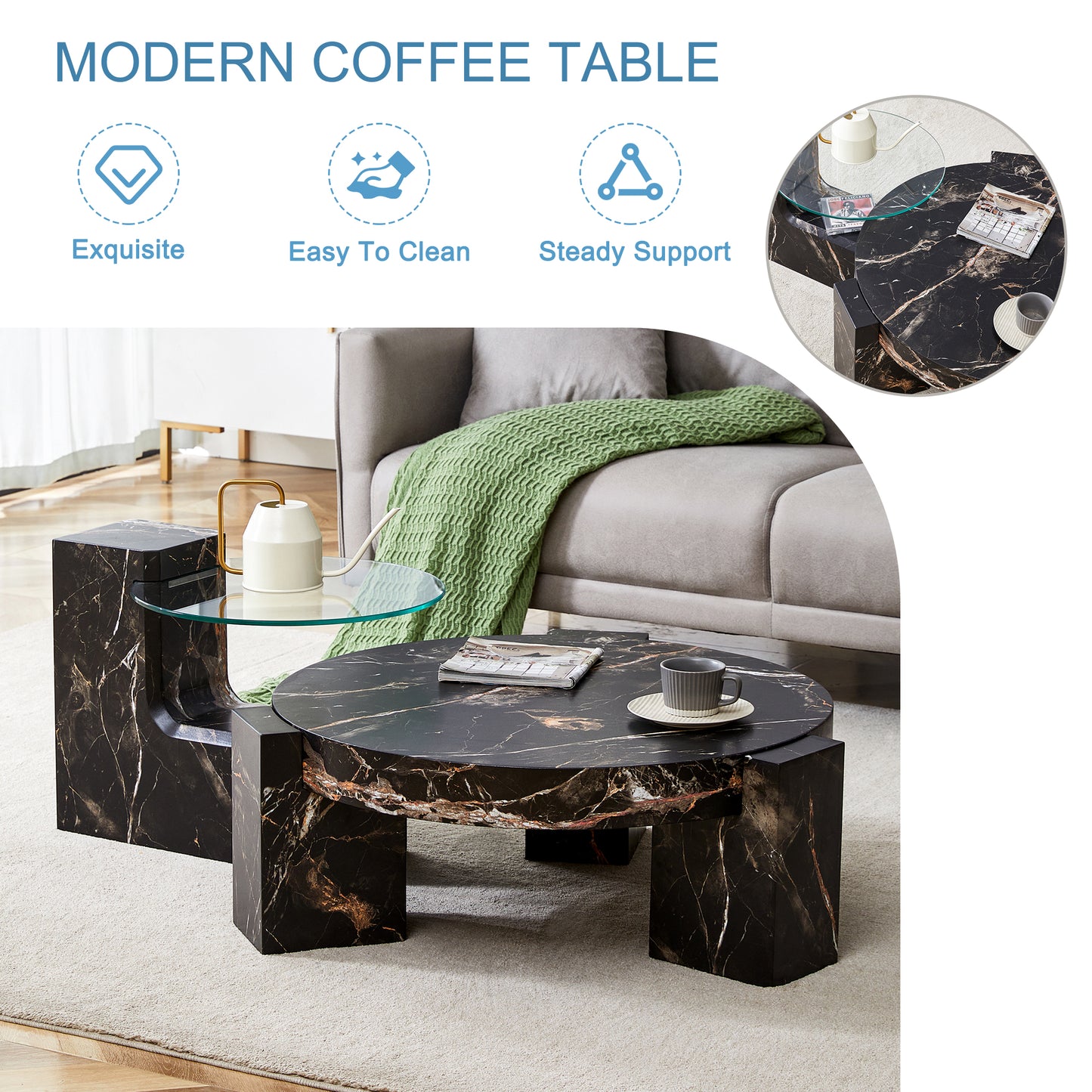 Modern black marble coffee table with gold veining and glass top
