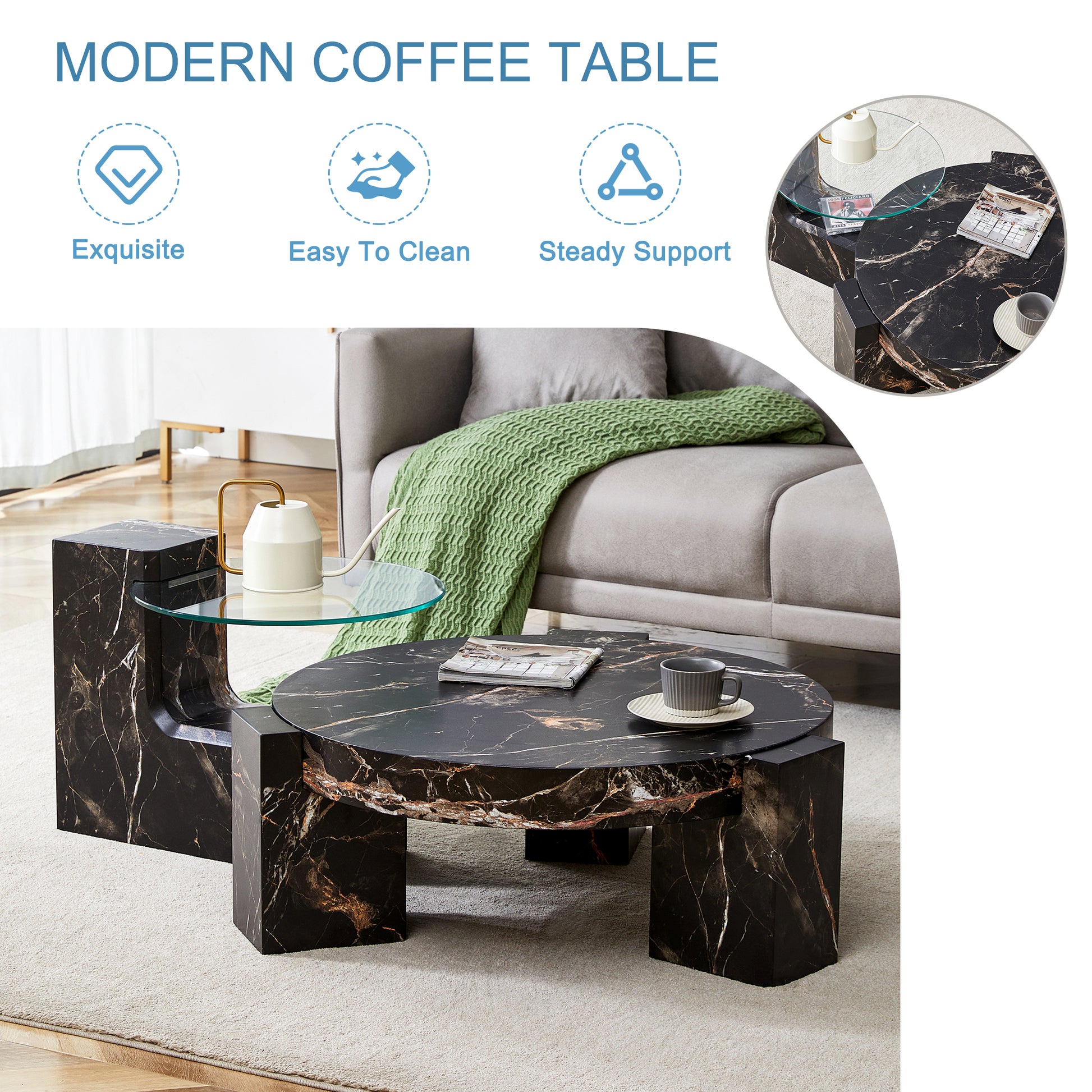 Modern black marble coffee table with gold veining and glass top