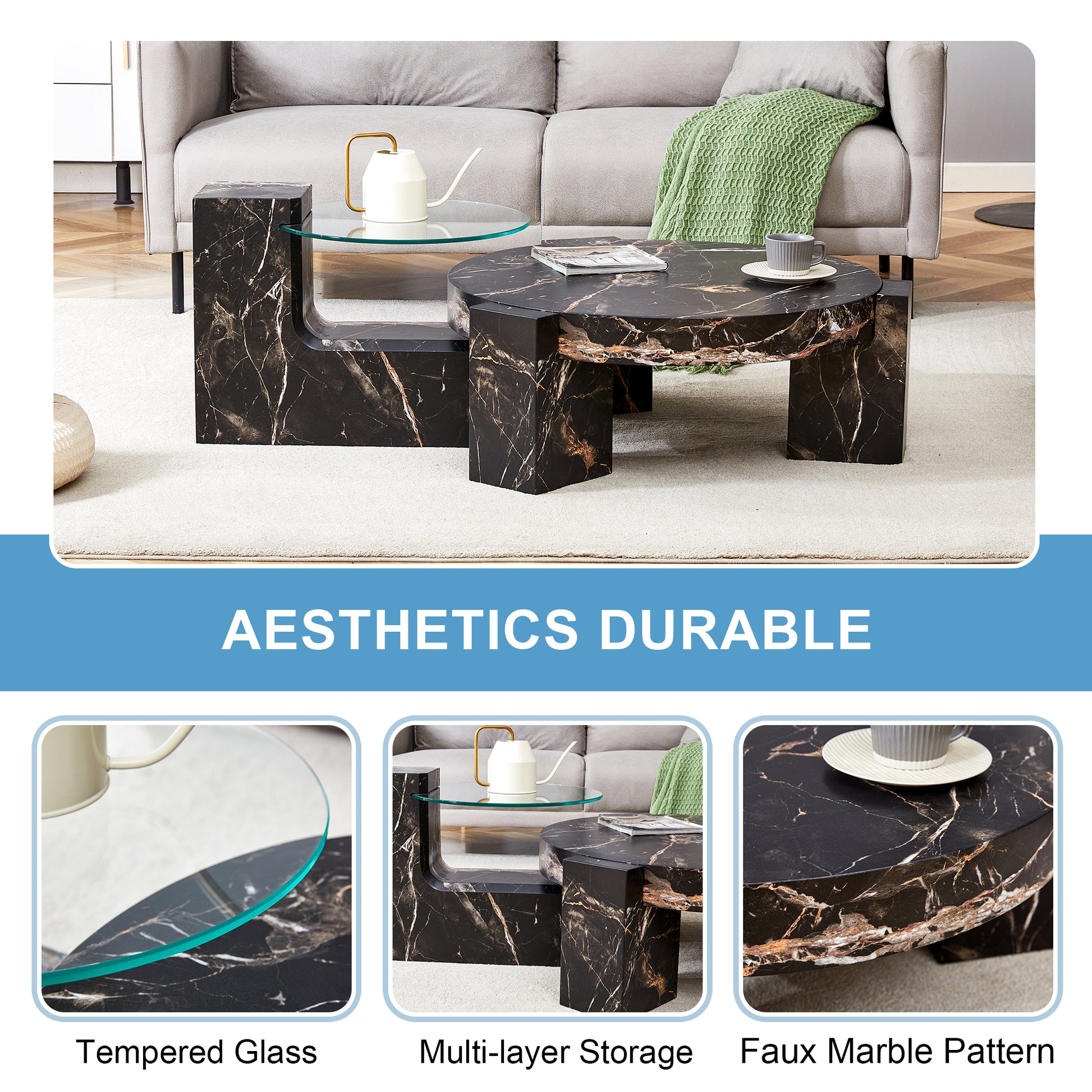 Black marble effect coffee table set with tempered glass accent