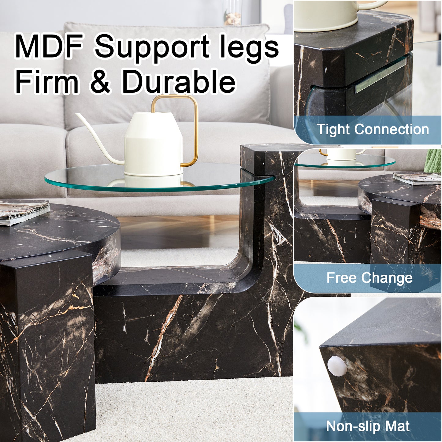 Black marble nesting coffee table with glass top