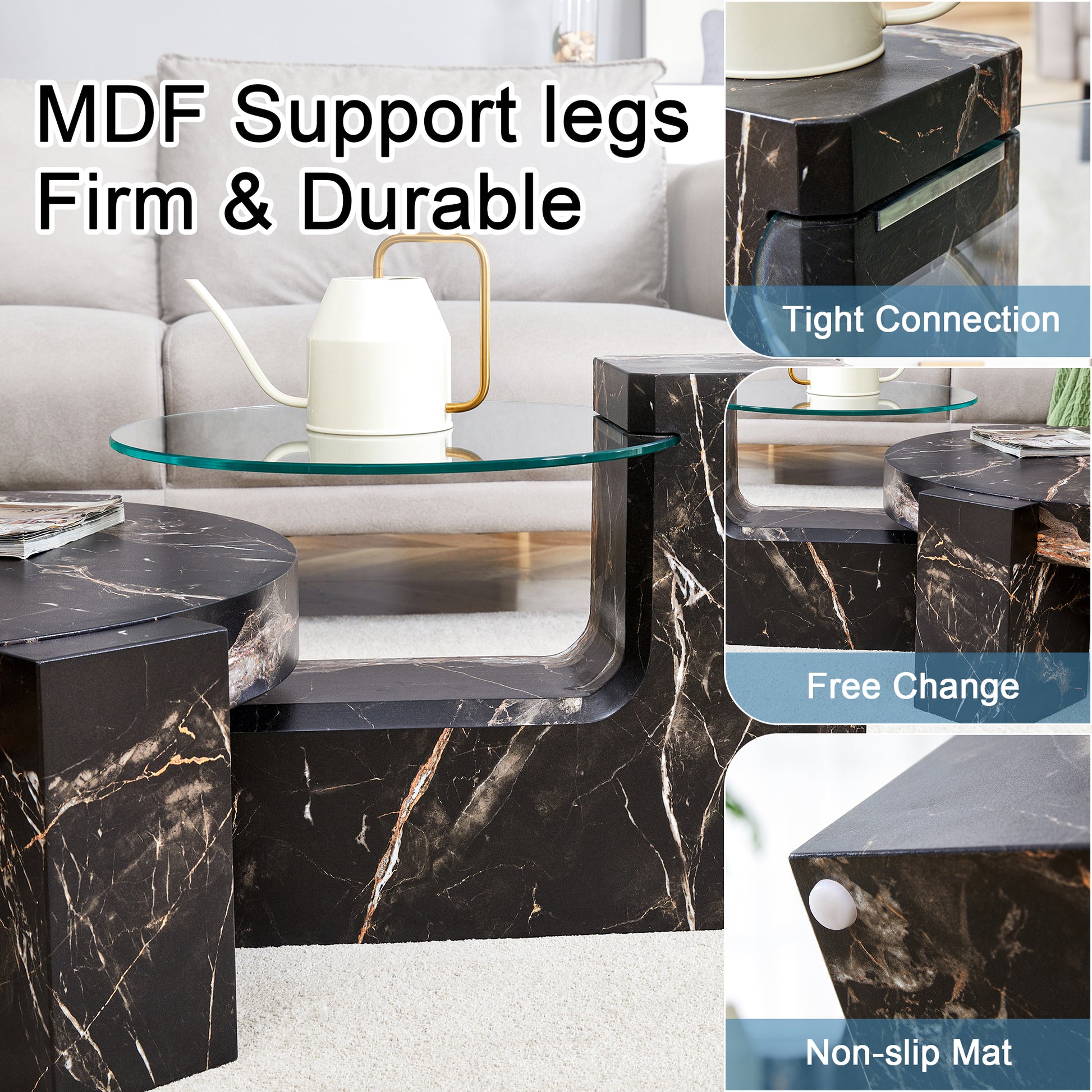 Black marble nesting coffee table with glass top