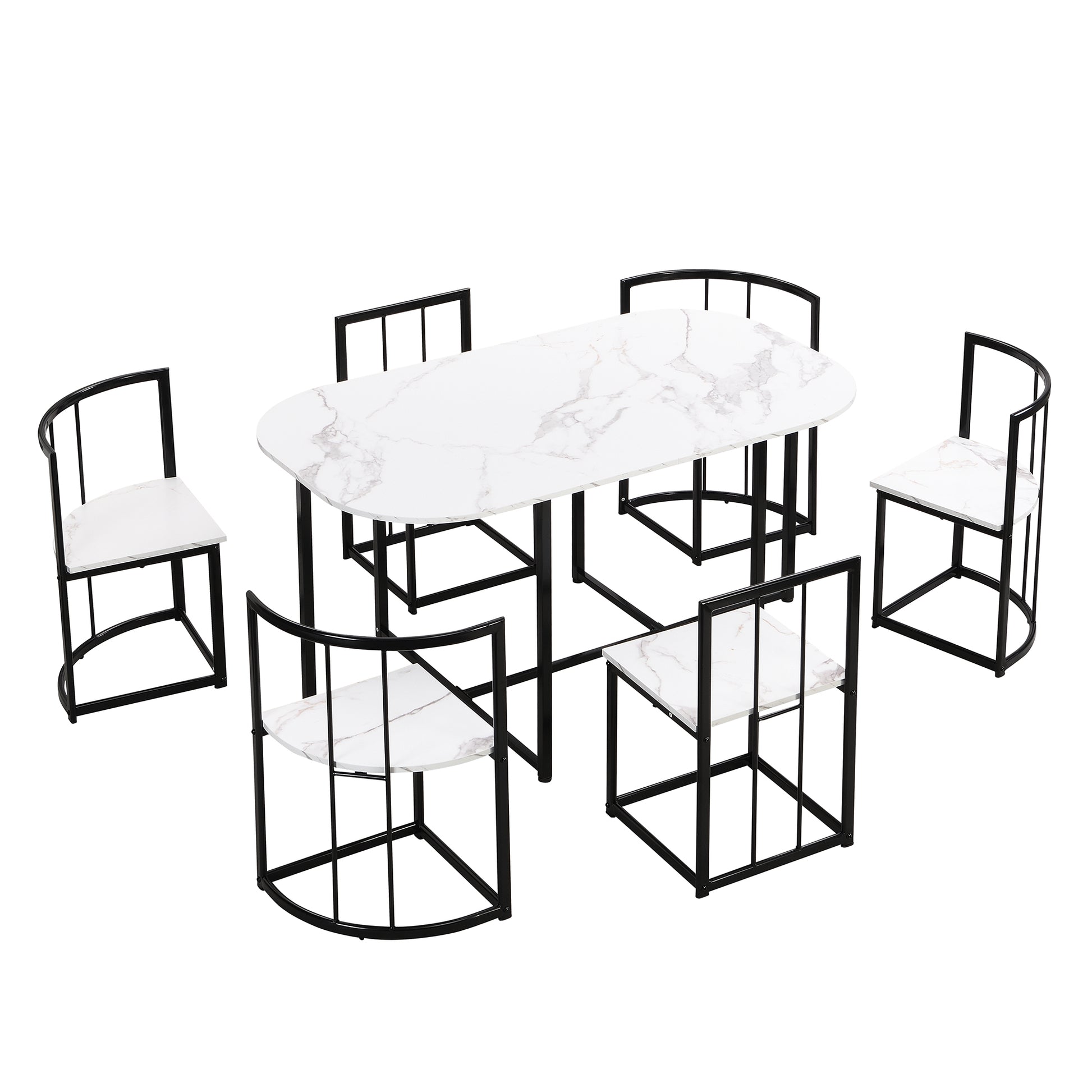 Modern oval dining table set with marblelook top and black metal frame