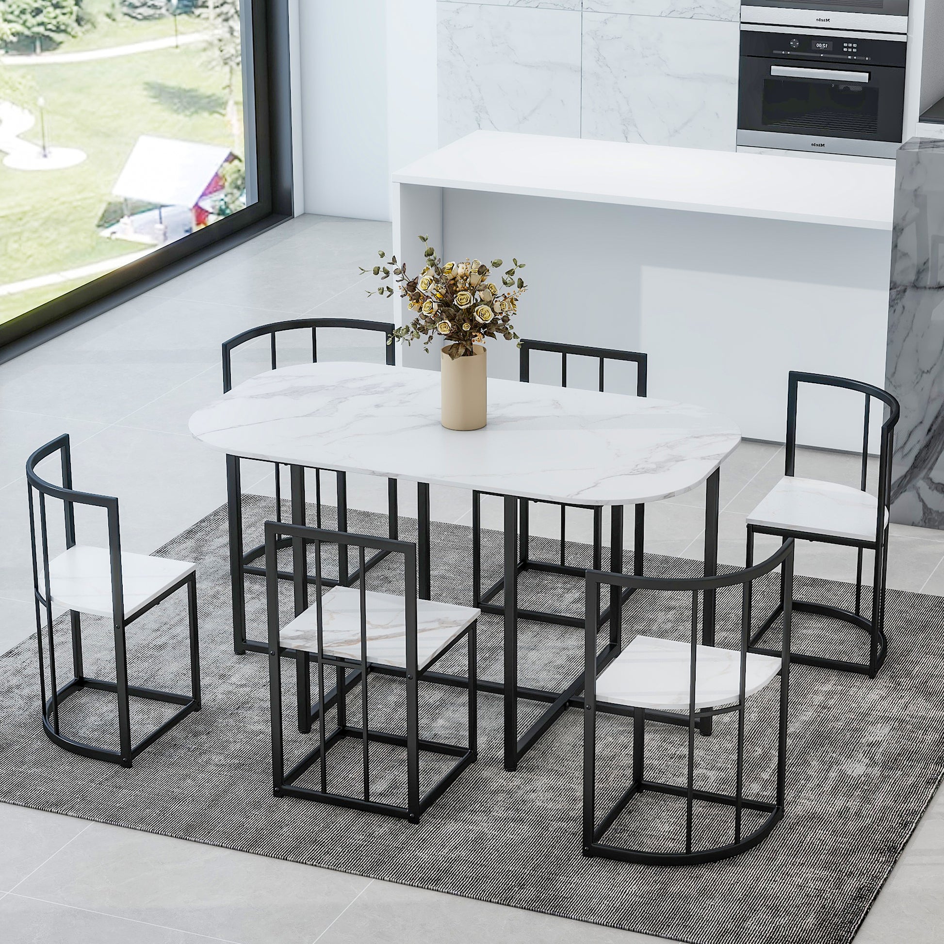 Modern oval marble dining table with black metal frame chairs