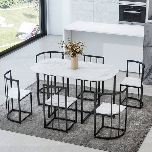 Modern oval marble dining table with black metal frame chairs
