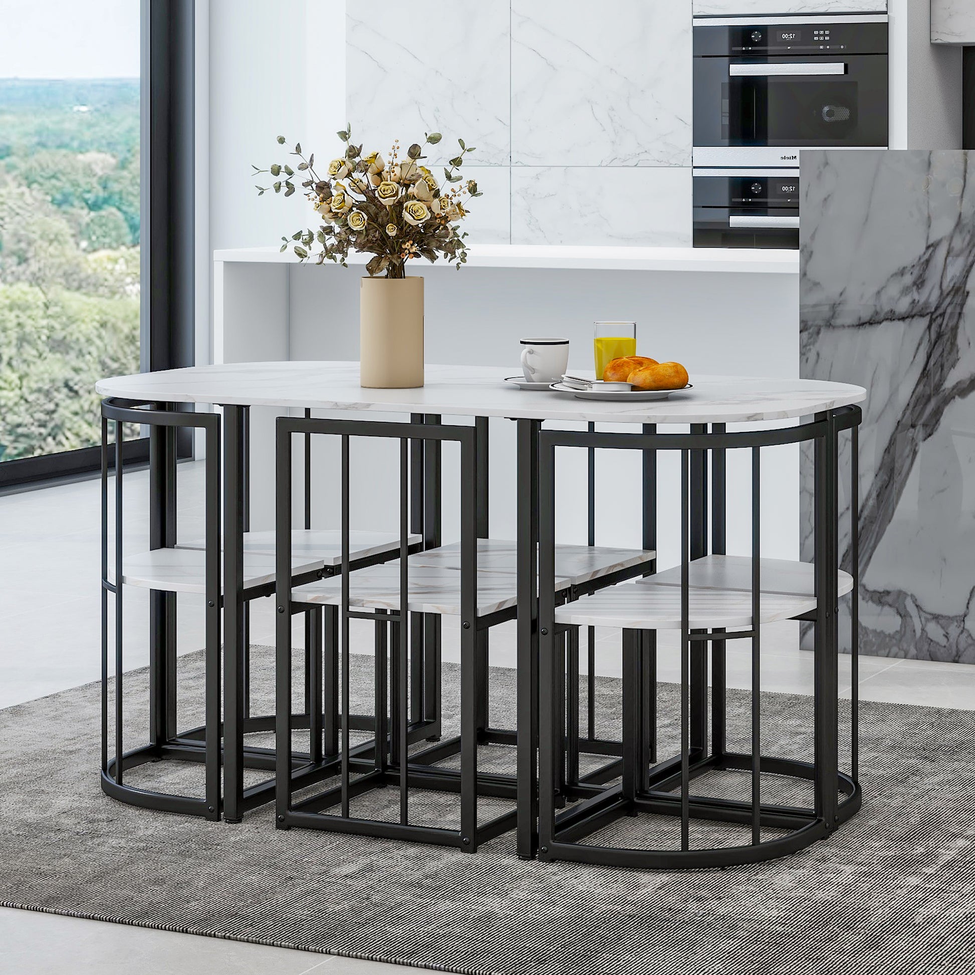 Compact marble dining set with four stools for small spaces