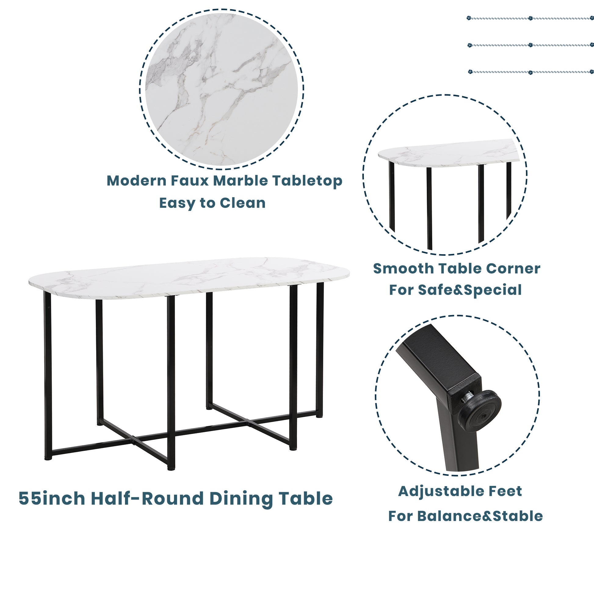 White faux marble tabletop dining table with black metal legs