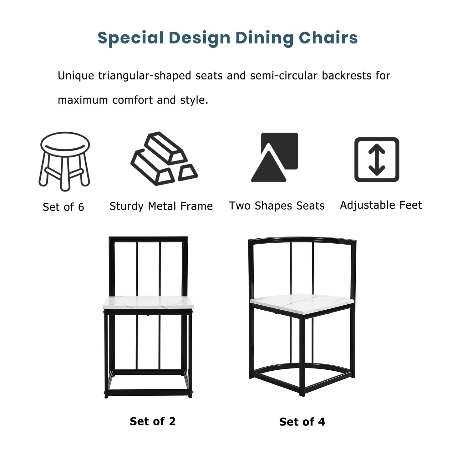 Black metal dining chair with white marble triangular seat set of
