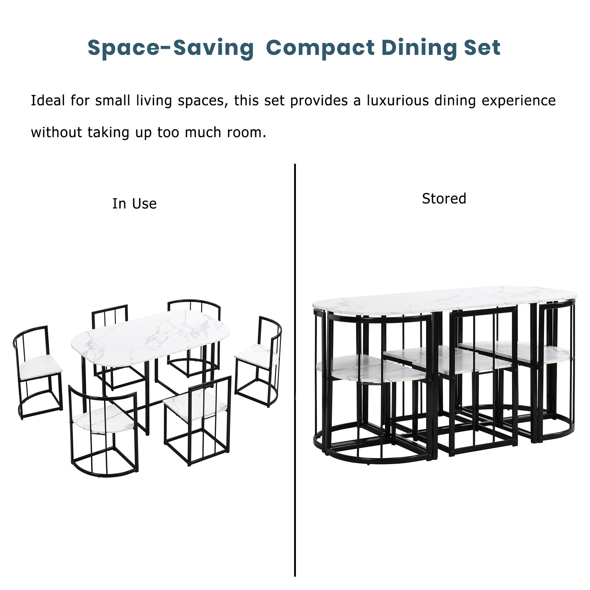 Spacesaving compact dining set with marblelook tabletop and black metal frame shown in use