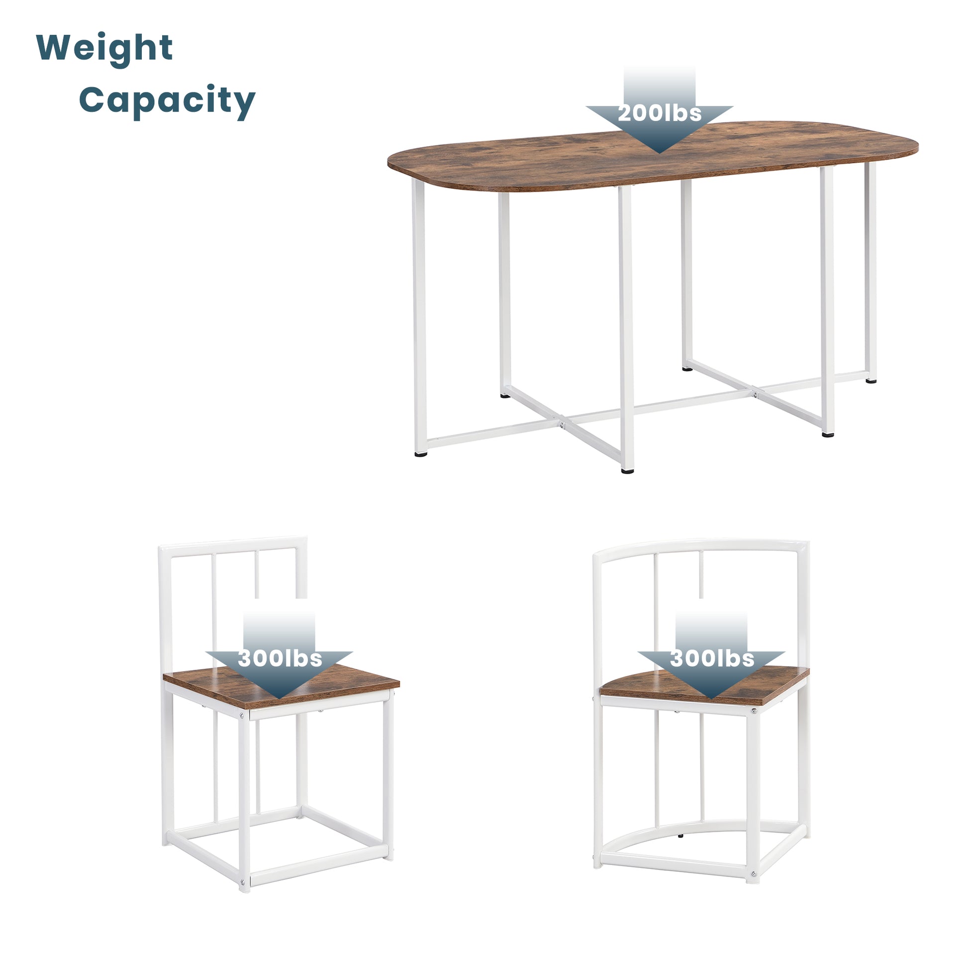 Rustic wood dining table with white metal frame showing lbs weight capacity