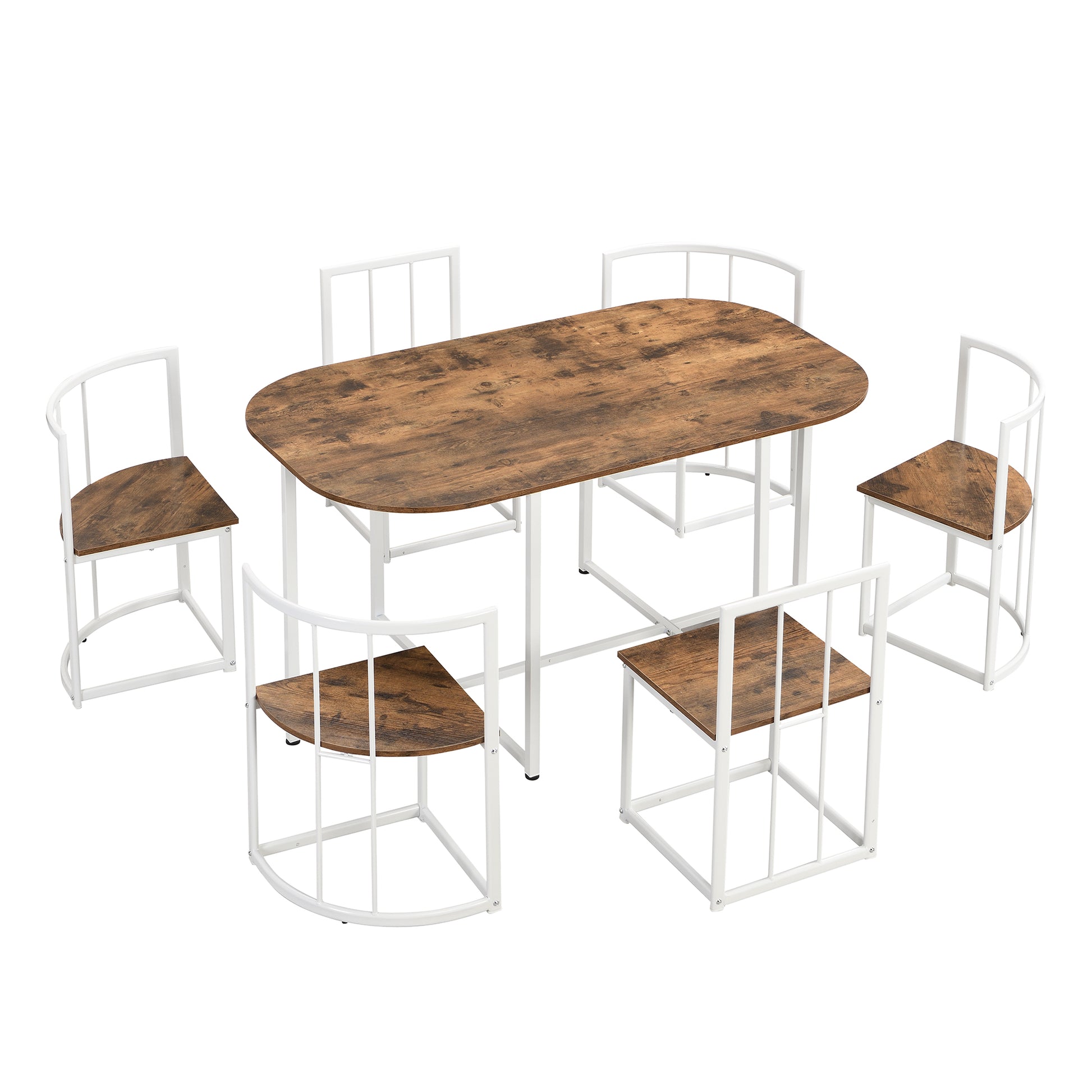 Rustic wood dining set with white metal frame chairs and table