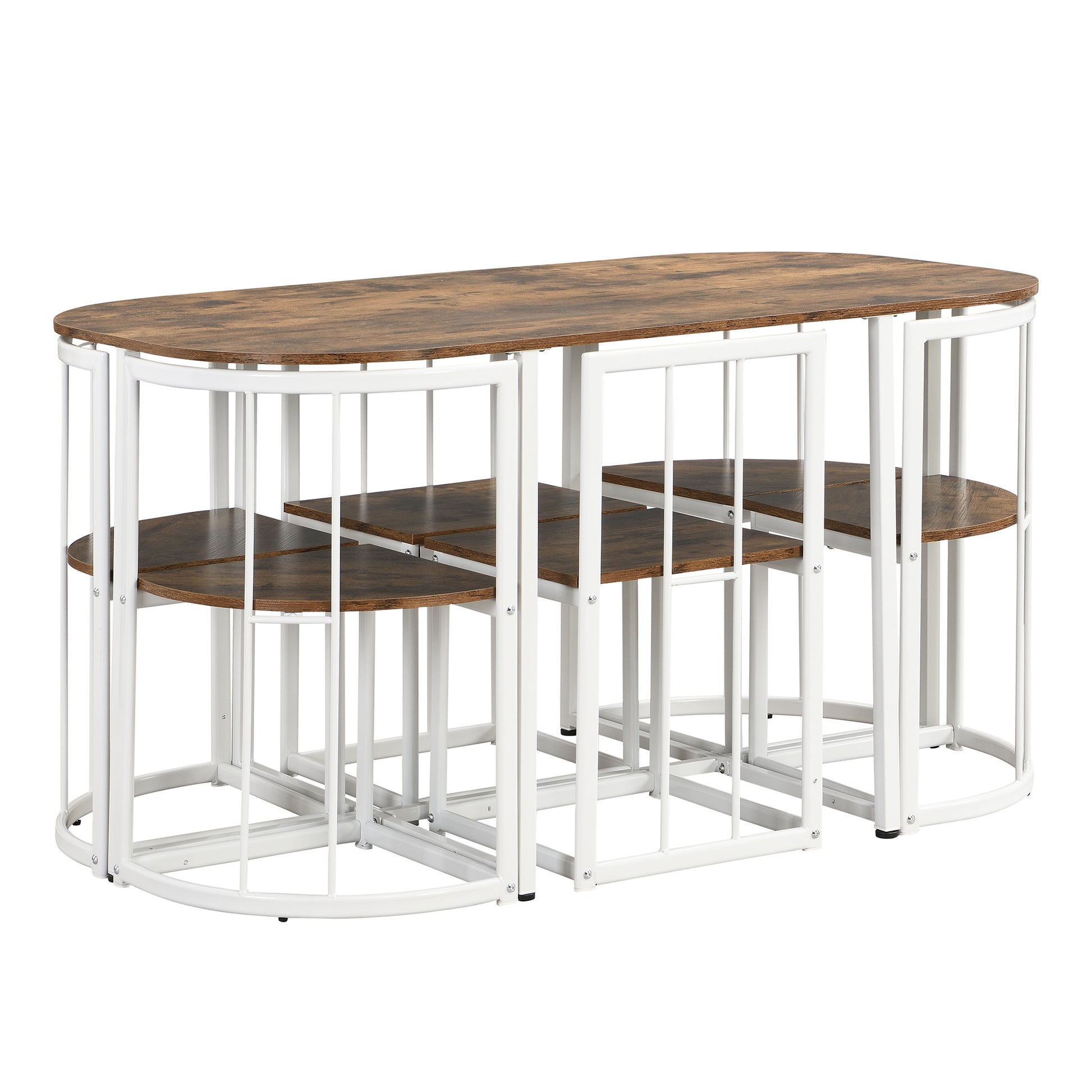 Rustic wood dining set with four stool seats tucked under an oval table
