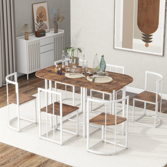 Rustic wood dining table with white metal frame chairs set for four