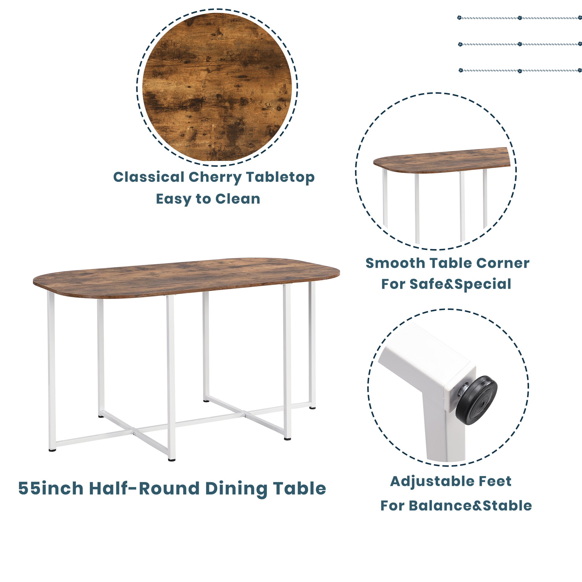 Rustic cherry wood halfround dining table with white metal legs