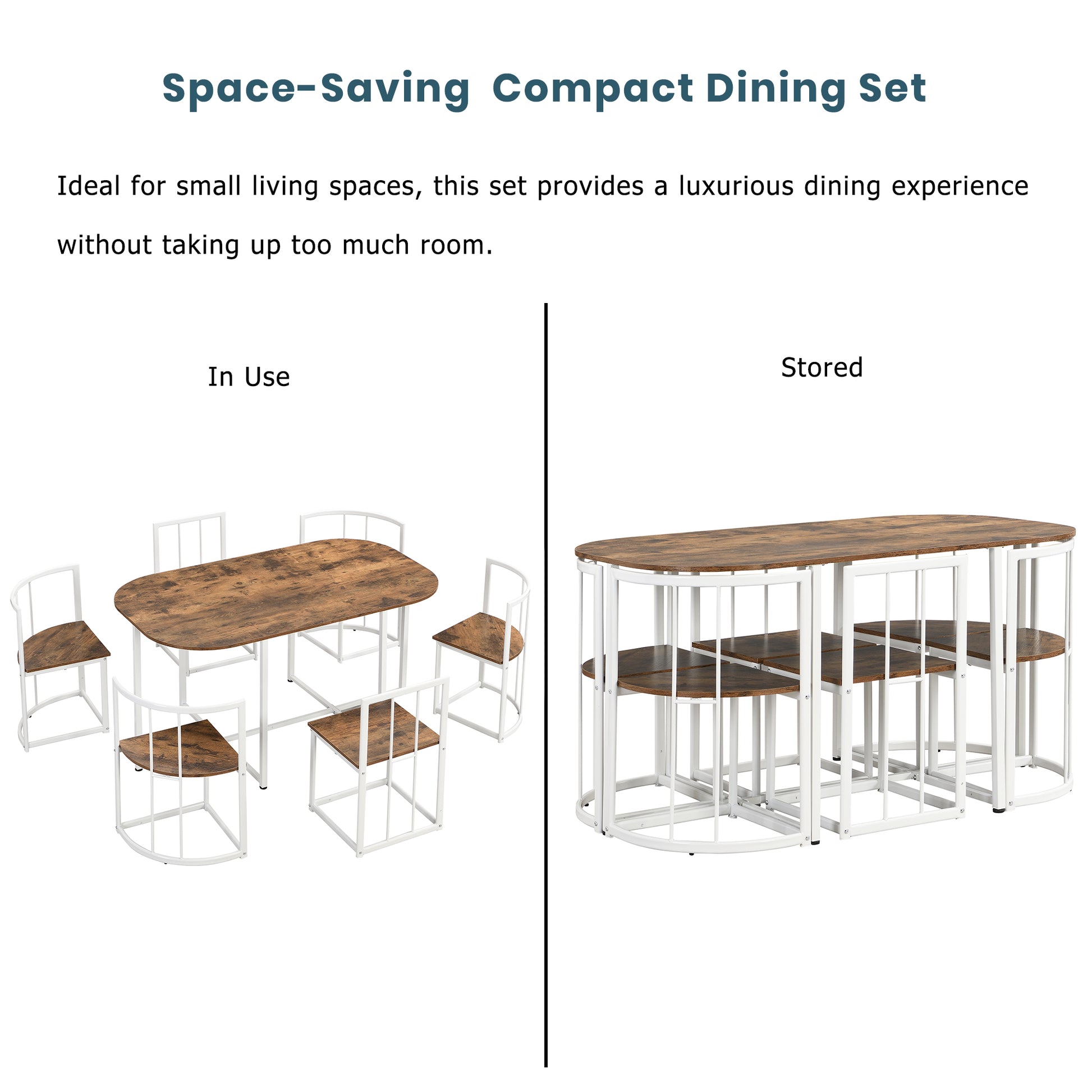 Rustic brown wood top dining set with white metal frame in use