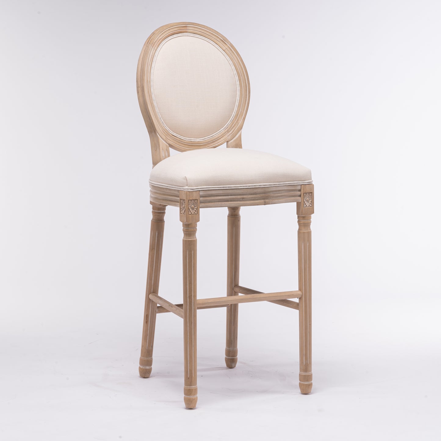 Elegant linen bar stool with carved wooden frame