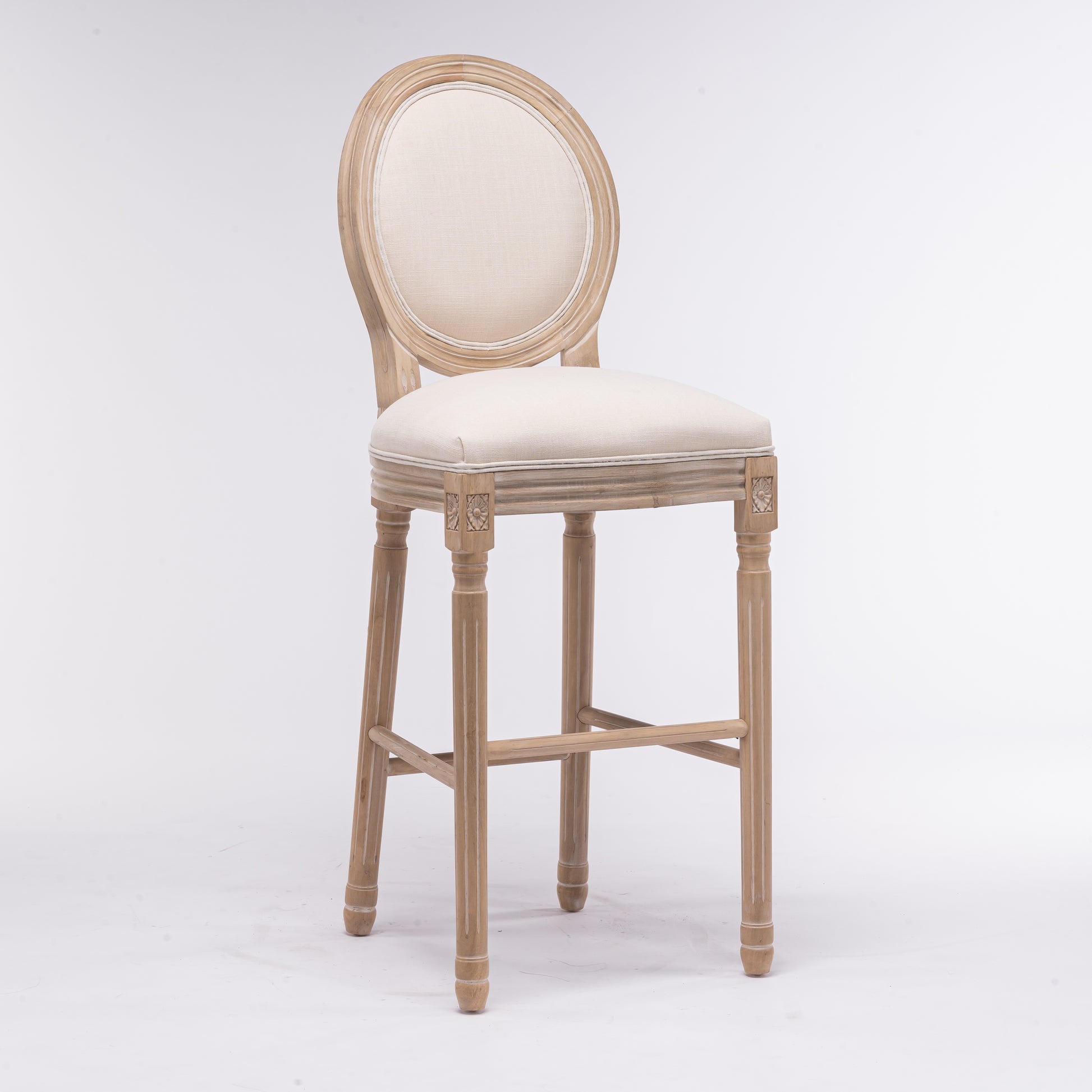 Elegant linen bar stool with carved wooden frame
