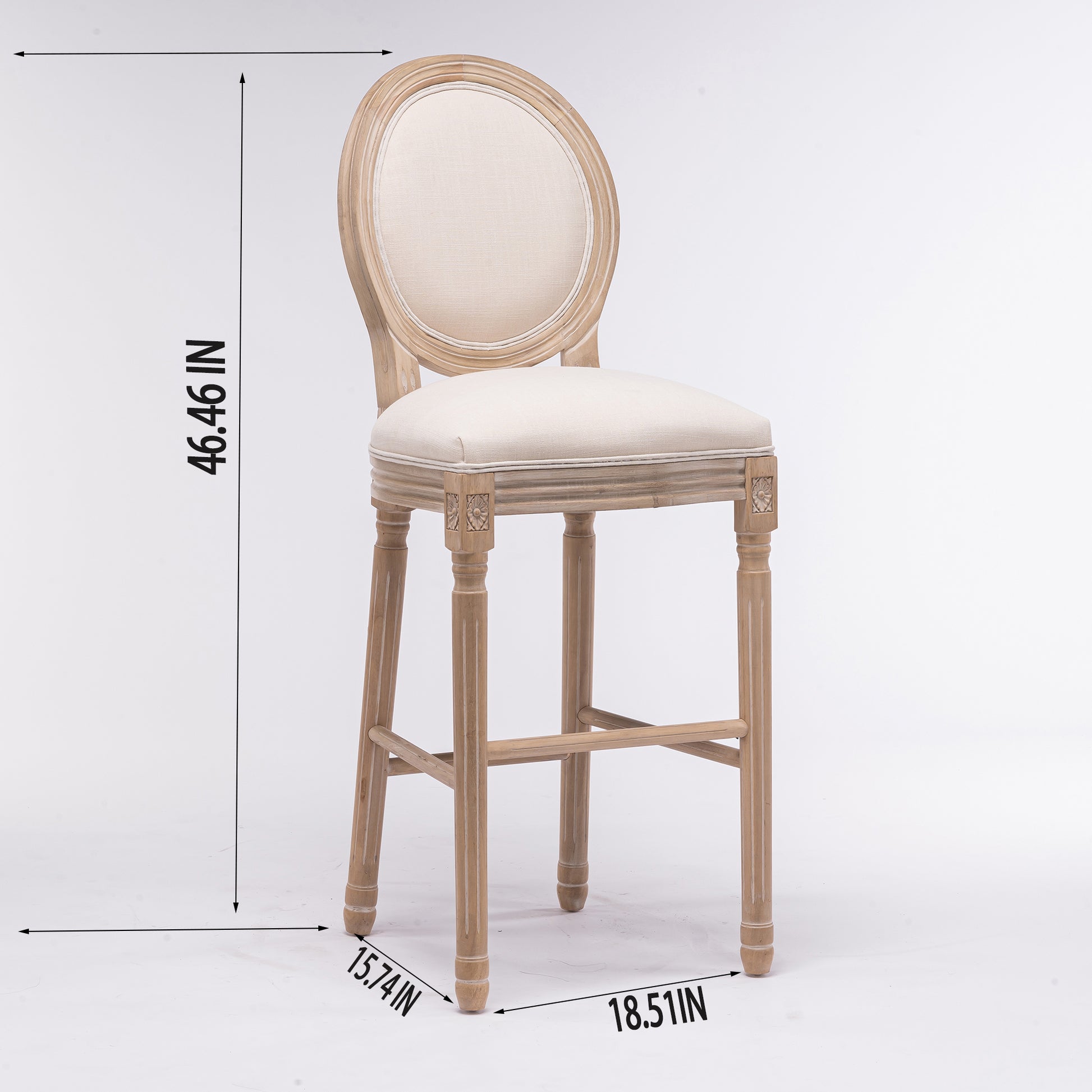 Light brown oval back linen bar stool with carved wood legs