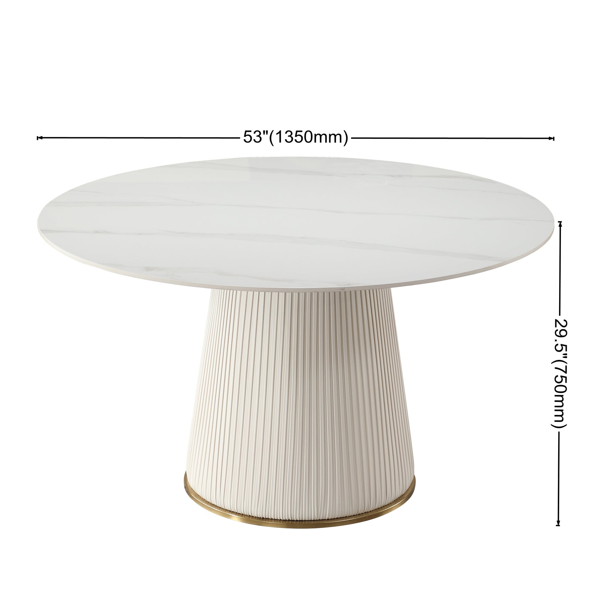 White marble top round dining table with fluted pedestal base