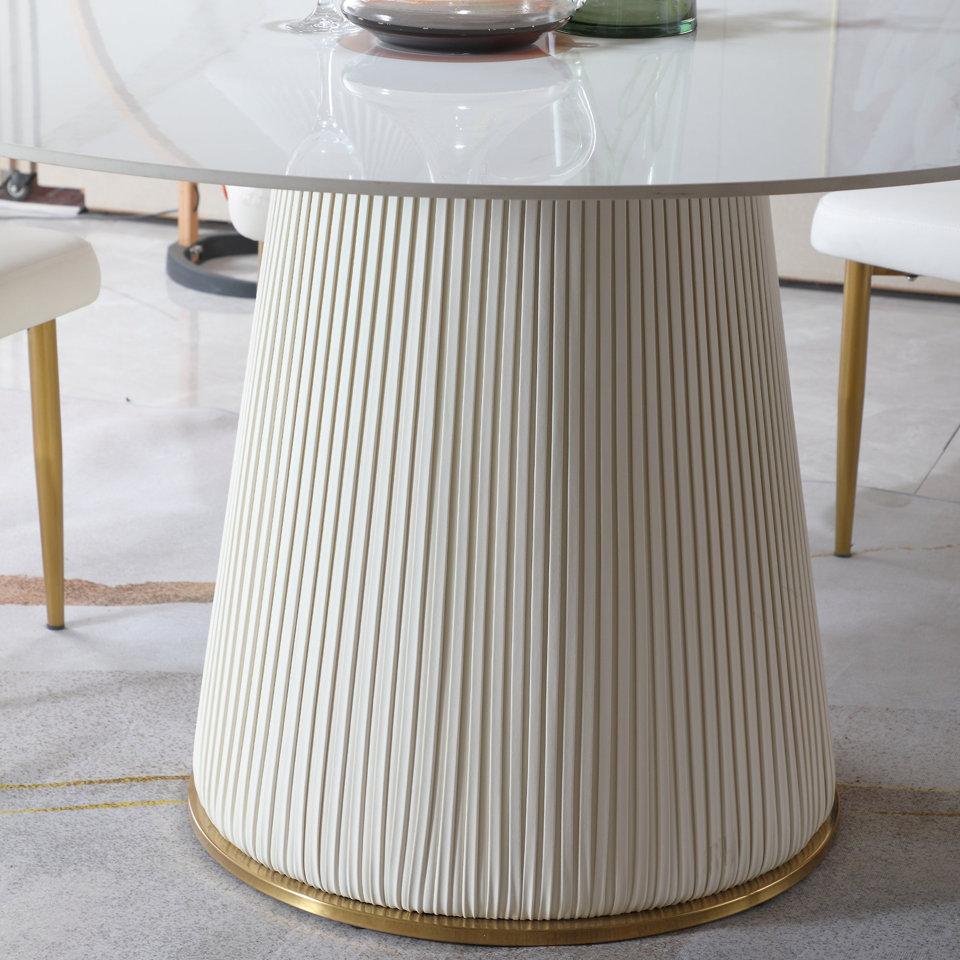 Modern fluted pedestal dining table base in cream
