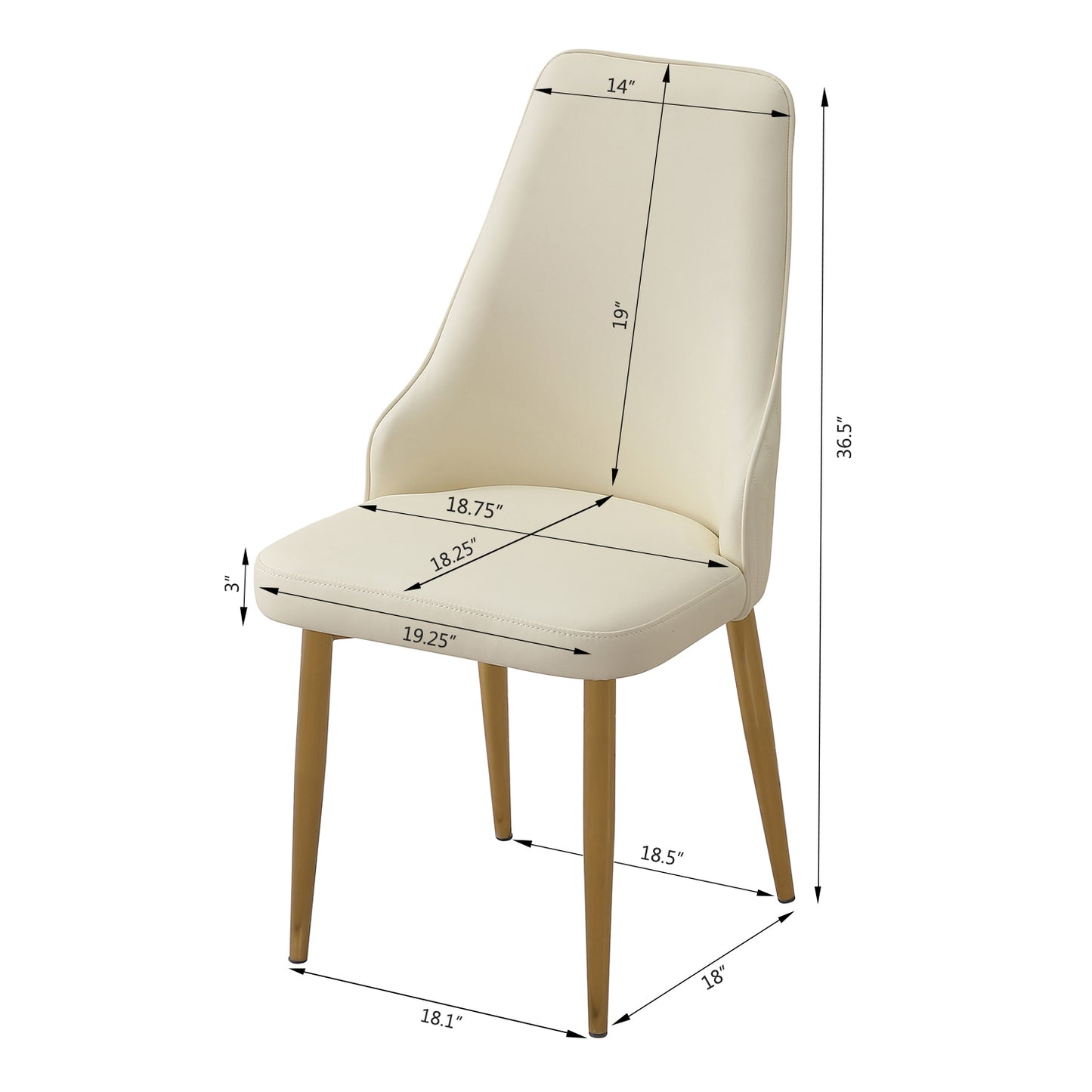 Cream leather dining chair with gold metal legs and dimension callouts