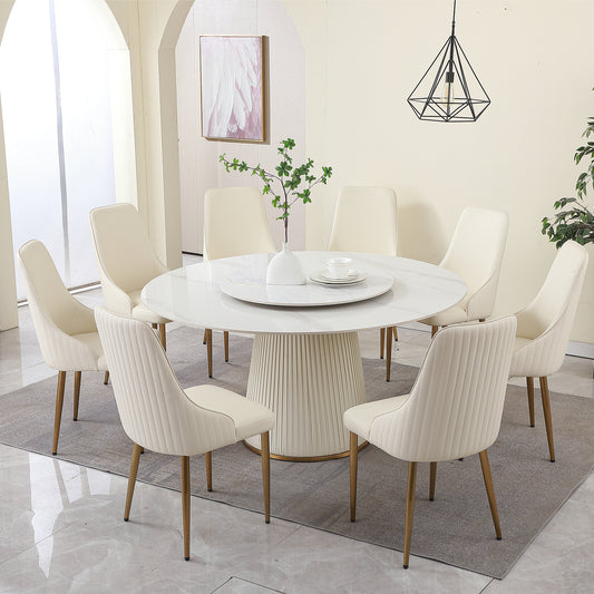 Modern round dining table with rotating tray and upholstered chairs
