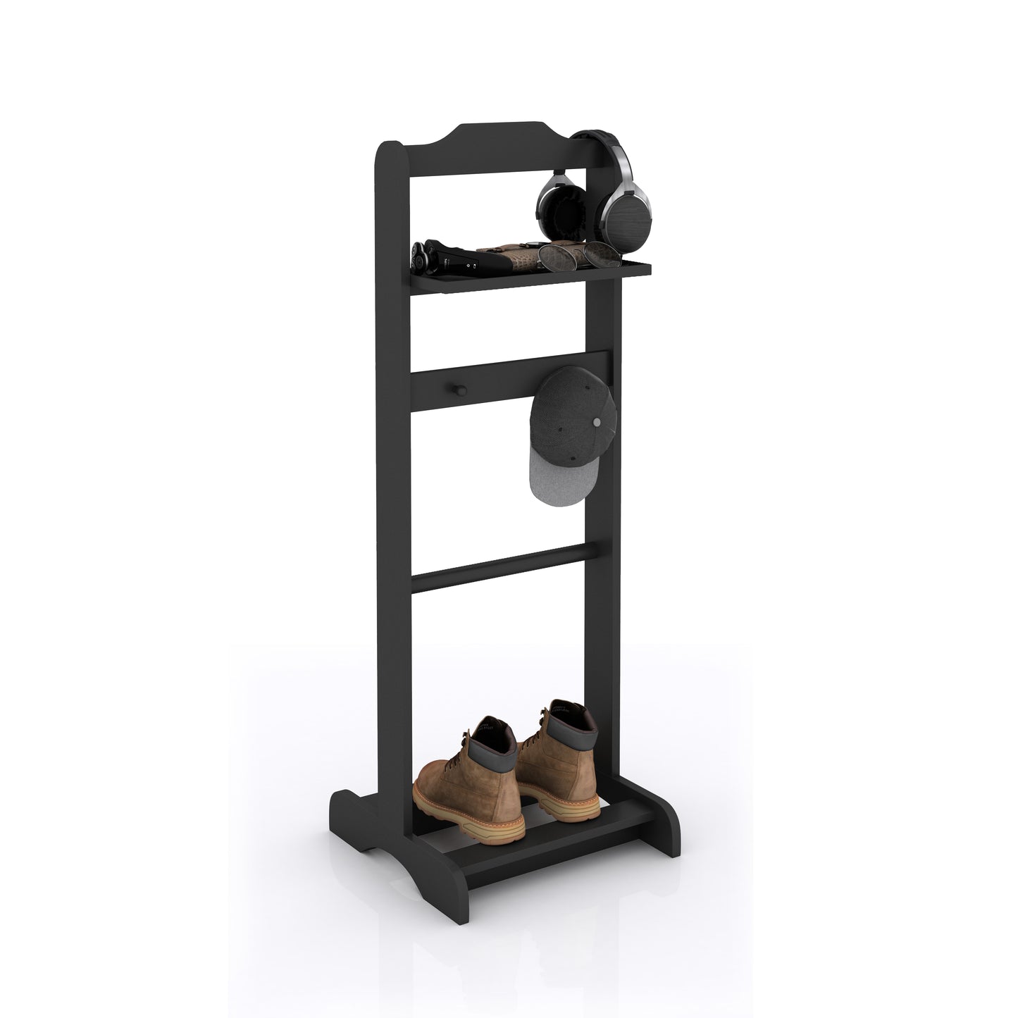 Black coat rack with shelf holding headphones wallet and glasses Two brown work boots on lower shelf